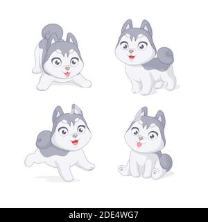 Niedliche verspielte Husky Welpen. Satz von Cartoon-Vektor-Illustrationen auf weißem Hintergrund. Stock Vektor