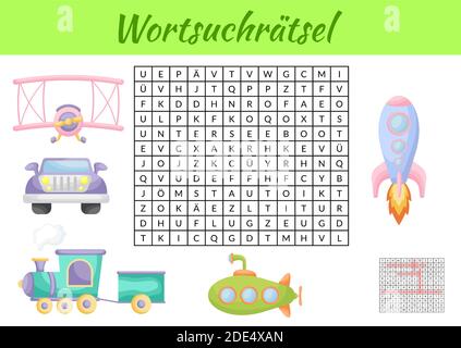 Wortsuchrätsel - Wortsuche Puzzle. Kinder Aktivität Arbeitsblatt bunt druckbare Version. Lernspiel für deutsche Wörter zu studieren. Enthält Antworten. Stock Vektor