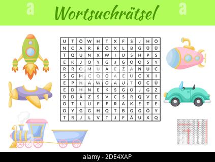 Wortsuchrätsel - Wortsuche Puzzle. Kinder Aktivität Arbeitsblatt bunt druckbare Version. Lernspiel für deutsche Wörter zu studieren. Enthält Antworten. Stock Vektor