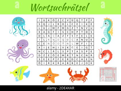 Wortsuchrätsel - Wortsuche Puzzle. Kinder Aktivität Arbeitsblatt bunt druckbare Version. Lernspiel für deutsche Wörter zu studieren. Enthält Antworten. Stock Vektor