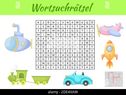 Wortsuchrätsel - Wortsuche Puzzle. Kinder Aktivität Arbeitsblatt bunt druckbare Version. Lernspiel für deutsche Wörter zu studieren. Enthält Antworten. Stock Vektor