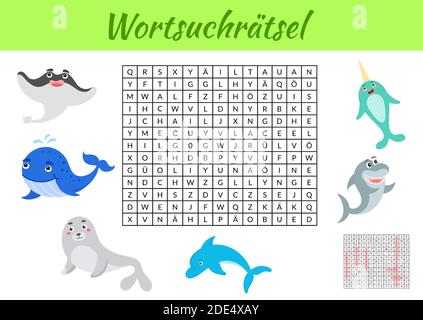 Wortsuchrätsel - Wortsuche Puzzle. Kinder Aktivität Arbeitsblatt bunt druckbare Version. Lernspiel für deutsche Wörter zu studieren. Enthält Antworten. Stock Vektor