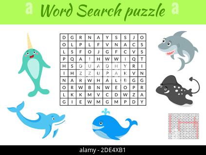 Spiel Vorlage Wortsuche Puzzle von Tieren für Kinder mit Bildern. Druckversion des Arbeitsblatts für Kinderaktivitäten. Pädagogisches Spiel für Studie Englisch Stock Vektor