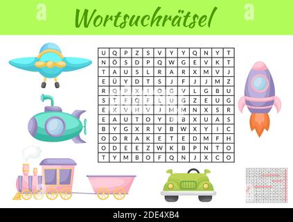 Wortsuchrätsel - Wortsuche Puzzle. Kinder Aktivität Arbeitsblatt bunt druckbare Version. Lernspiel für deutsche Wörter zu studieren. Enthält Antworten. Stock Vektor