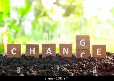 Chance auf Veränderung, neue Chance, Optimismus und Karriereentwicklung Konzept. Männliche Hand ändern oder Spiegeln Wort Chance, Holzblöcke Würfel in natu ändern Stockfoto