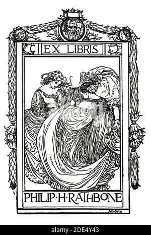 Exlibris Design für Philip H Rathbone, Linienillustration von Robert Anning Bell aus dem Jahr 1896 das Studio ein Illustriertes Magazin für bildende und angewandte Kunst Stockfoto