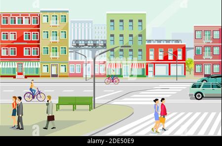 City Silhouette mit Menschen auf dem Bürgersteig und erhöhten Zug, Straßenverkehr, Illustration Stock Vektor