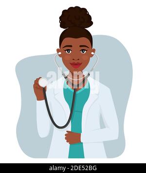 Schwarze Ärzte Charakter Frau mit Stethoskop. Medizinisches Personal, Arzt, Therapeut, professionelles Krankenhauspersonal. Vektorgrafik. Stock Vektor