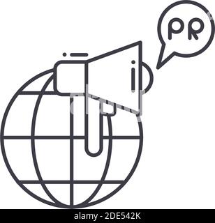Globales PR-Symbol, lineare isolierte Illustration, dünner Linienvektor, Webdesign-Zeichen, Umrisskonzept-Symbol mit bearbeitbarer Kontur auf weiß Stock Vektor