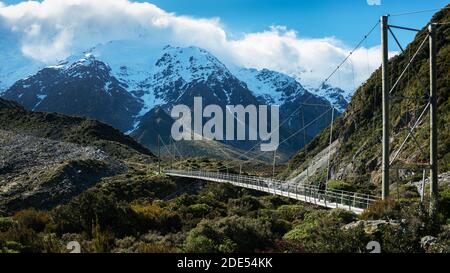 Zweite Swing-Brücke auf Hooker Valley Track, Mt Cook National Park Stockfoto