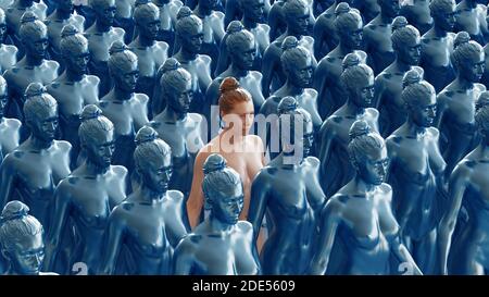 Roboter wächst menschliche Köpfe, futuristische oder scifi Konzept der geklonten Menschen. 3d-Rendering-Illustration. Stockfoto