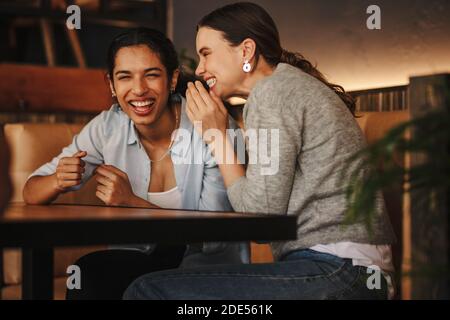 Frauen im Gespräch, während sie sich in einem Café treffen. Zwei Freundinnen sitzen in einem Café und unterhalten sich miteinander und lächeln. Stockfoto