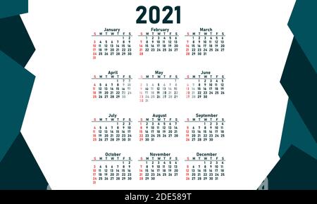 2021 New Year Kalender Design in modernem Druck Stil. Monate und Wochenenden des neuen Jahres 2021. Vektorgrafik Stock Vektor