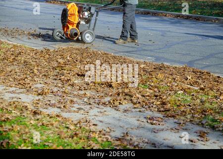 Mann, der den Bürgersteig mit einem Laubgebläse reinigt Herbst Stockfoto