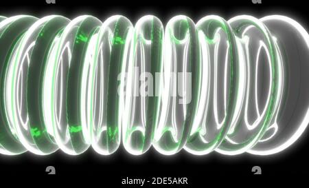3d mit grüner Flüssigglas-Rohrspule auf schwarzem medizinischem Design transparente Chemie Glaswaren 3d-Rendering Stockfoto