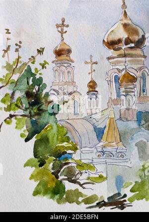 Traditionoanl russische ländliche Landschaft mit lokalen Kirche im Süden Russlands Kuban, original Aquarell Gemälde Stockfoto