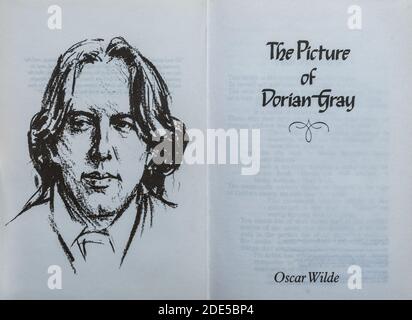 Das Bild von Dorian Gray Buch - Roman von Oscar Wilde. Titelseite und Zeichnung des Autors. Stockfoto
