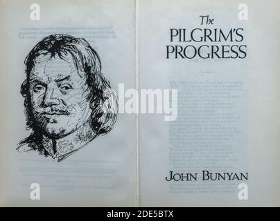 Der Pilgerweg Buch - Roman von John Bunyan. Titelseite und Zeichnung des Autors. Stockfoto