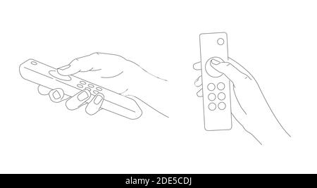 Liniendarstellung der menschlichen Hand mit Fernbedienung und Tastendruck, Skizzengrafik, verschiedene Positionen, Handbewegung Stock Vektor