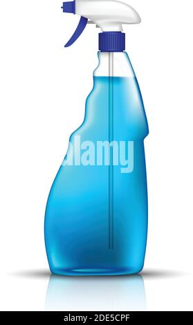 3d realistische Vektor blau Sprühflasche Glasreiniger. Isoliertes Illustrationssymbol auf weißem Hintergrund. Stock Vektor