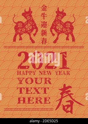 2021 Chinesische Neujahrsgrüßkarte, Poster, Flyer oder Einladungsentwurf. Bringen Sie in Reichtum und Schatz (Chinesische Übersetzung Happy chinese New year 2021 Stock Vektor