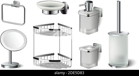 3d realistische Vektor-Symbol Sammlung von Bad-Accessoires. Spiegel, Flüssigseife, Regal, Bürste für die Toilette. Stock Vektor