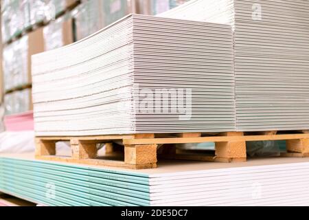 Palette mit Trockenwandplatten Gipskarton im Lagerhaus des Gebäudes. Stapeln von weißen Gipskartonplatten, Trockenbau oder Gipskarton. Gipskartonplatten Stockfoto
