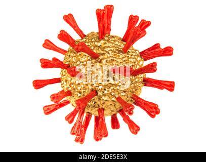 Golden Christams Coronavirus Kugel mit roten Protein-Spitzen isoliert auf weiß. Weihnachten 2020 ist stark von der covid 19-Pandemie betroffen Stockfoto