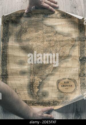 Alte Karte von Südamerika von 1859. Die Karte zeigt die heutigen Grenzen der Länder. Stockfoto