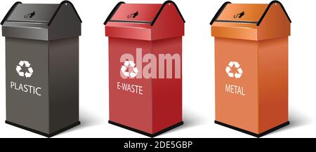 3d realistische Vektor-Recycling-Behälter für Kunststoff-, E-Abfall- und Metallprodukte, mit Recycling-Symbol oben in schwarz, rot und orange. Isoliert auf w Stock Vektor