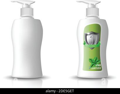3d realistische Vektor weiße Flasche Verpackung und Hand-Desinfektionsmittel Flasche Gel. Auf weißem Hintergrund isolierte Symboldarstellung. Stock Vektor