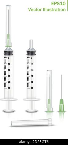 3d realistisches Vektor-Probenset für Spritze, Spritze mit Nadel. Isolierte Symboldarstellung. Stock Vektor
