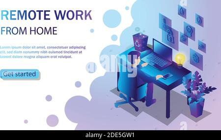 Vektor trendy flachen Stil Illustration mit Mann am Schreibtisch mit Laptop arbeiten. Konzept für freiberufliche und Remote-Arbeit von zu Hause aus. Stock Vektor