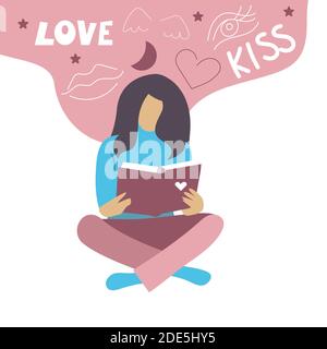 Frau liest Romanze Roman. Vektorgrafik flach Stock Vektor