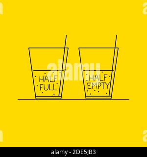 Halb volles und halb leeres Glas. Lebensphilosophie von Optimist und Pessimist Stock Vektor