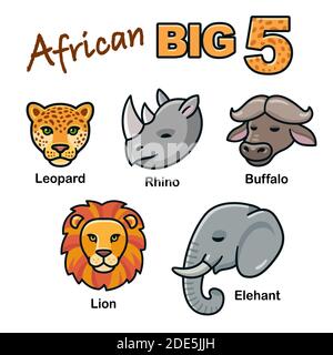 Afrikanische Big fünf Tierköpfe Cartoon-Set. Löwe, Leopard, Elefant, Nashorn und Büffel. Isolierte Vektor-Clip Art-Illustration. Stock Vektor