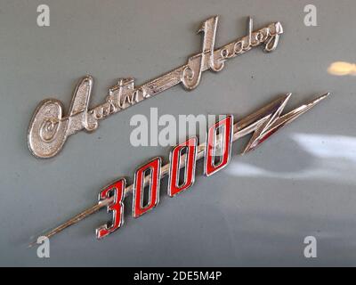 Austin Healey 3000 Logo auf einem silbernen Austin Healey Sports Auto Stockfoto