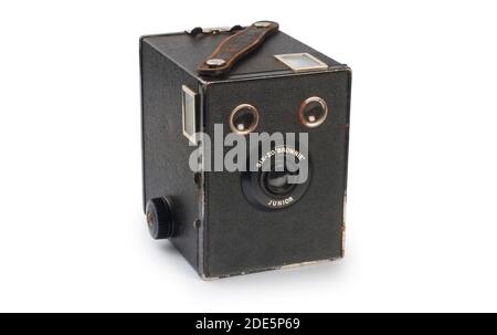 Studioaufnahme einer Vintage Box Brownie Six Junior Kamera Vor weißem Hintergrund ausschneiden - John Gollop Stockfoto