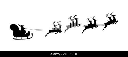 Frohe Weihnachten und Neujahr. Vektor-Design Silhouette Santa Claus fliegen mit Rentier Hirsch Schlitten. Design Element Poster, Banner, Einladung, congra Stock Vektor