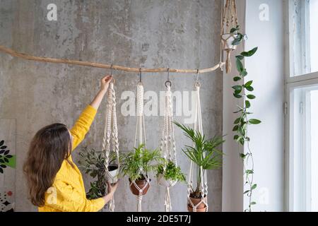 Frau Gärtner hält Macrame Pflanze Kleiderbügel mit Zimmerpflanze über graue Wand. Hobby, Liebe zu Pflanzen, Heimtextilien-Konzept. Stockfoto