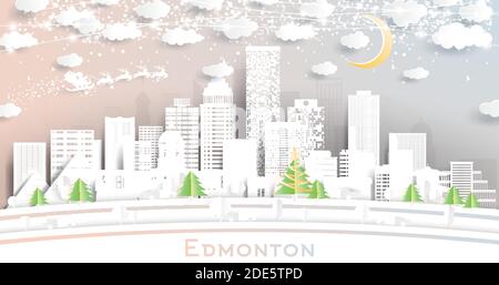 Edmonton Canada City Skyline in Paper Cut Style mit Schneeflocken, Mond und Neon Garland. Vektorgrafik. Weihnachts- und Neujahrskonzept. Weihnachtsmann. Stock Vektor