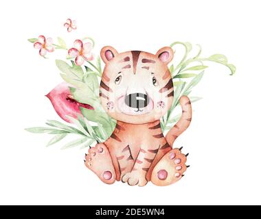 Aquarell niedlichen Cartoon Baby Tiger Tier Illustration.Safari Zoo Charakter auf weißem Hintergrund isoliert. Handbemalte tropische kleine Babykatze für nu Stockfoto