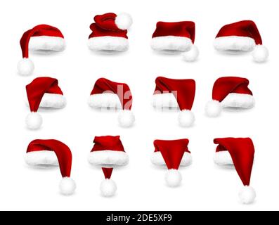 Realistische Satz von Red Santa Claus Hüte isoliert auf weißem Hintergrund. Gradient Mesh Weihnachtsmann Mütze mit Fell. Vektorgrafik. Stock Vektor