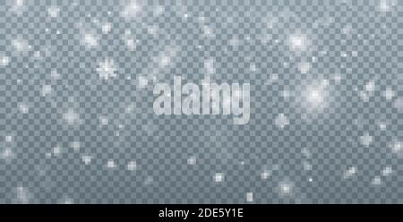 Schneefall Hintergrund. Weihnachtsschnee. Fallende Schneeflocken auf transparentem Hintergrund. Weihnachtsdekoration. Vektorgrafik Stock Vektor