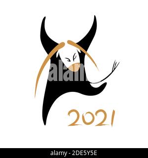 Lustige Bulle, Ochse Neujahrskarte 2021 Stock Illustration. Asien, China - Ostasien, 2021, Tier, Tiere In Der Wildnis Stock Vektor