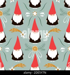 Nahtloses Weihnachtsmuster. Niedliche Gnome Stock Illustration. Abstrakt, Kunst, Hintergründe, Feier, Weihnachten Stock Vektor