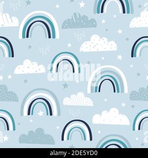 Nahtloses Muster mit handgezeichneten Regenbögen und Wolken Stock Illustration. Kunst, Hintergründe, Schwarz-Weiß, Schwarz-Farbe, Cartoon Stock Vektor