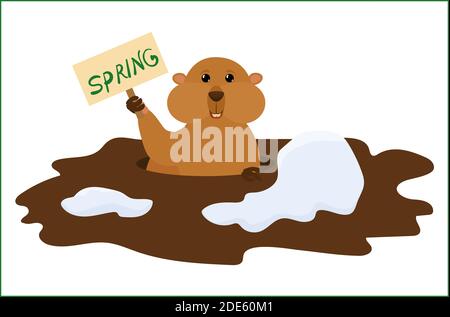 Groundhog Tag Vektor Cartoon Hintergrund mit niedlichen Murmeltier halten Zeichen mit Buchstaben Frühling. Traditioneller Urlaub tierischer Charakter Stock Vektor