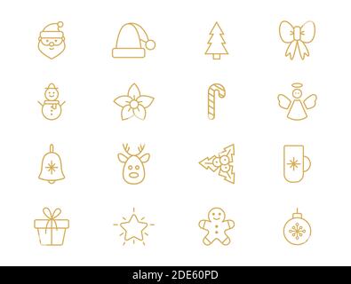Weihnachten Linie Kunst golden set. Skizzieren Sie Designelemente mit Schneeflocke, weihnachtsmann, Stern, weihnachtsbaum, Ball, Socke, Geschenkbox, Zuckerrohr, Rentier. Süßes T Stock Vektor