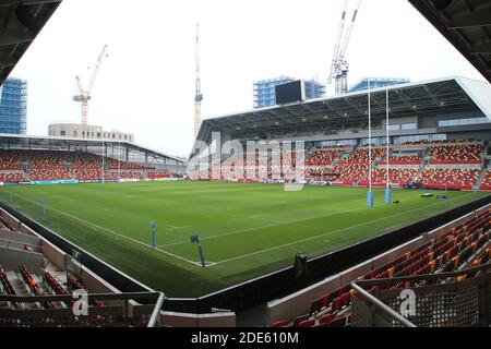 London, England. 29. November 2020. Ein neues Stadion für das Spiel Gallagher Premiership zwischen London Irish und Leicester Tigers im Brentford Community Stadium. Kredit: Richard Perriman/Alamy Live Nachrichten Stockfoto